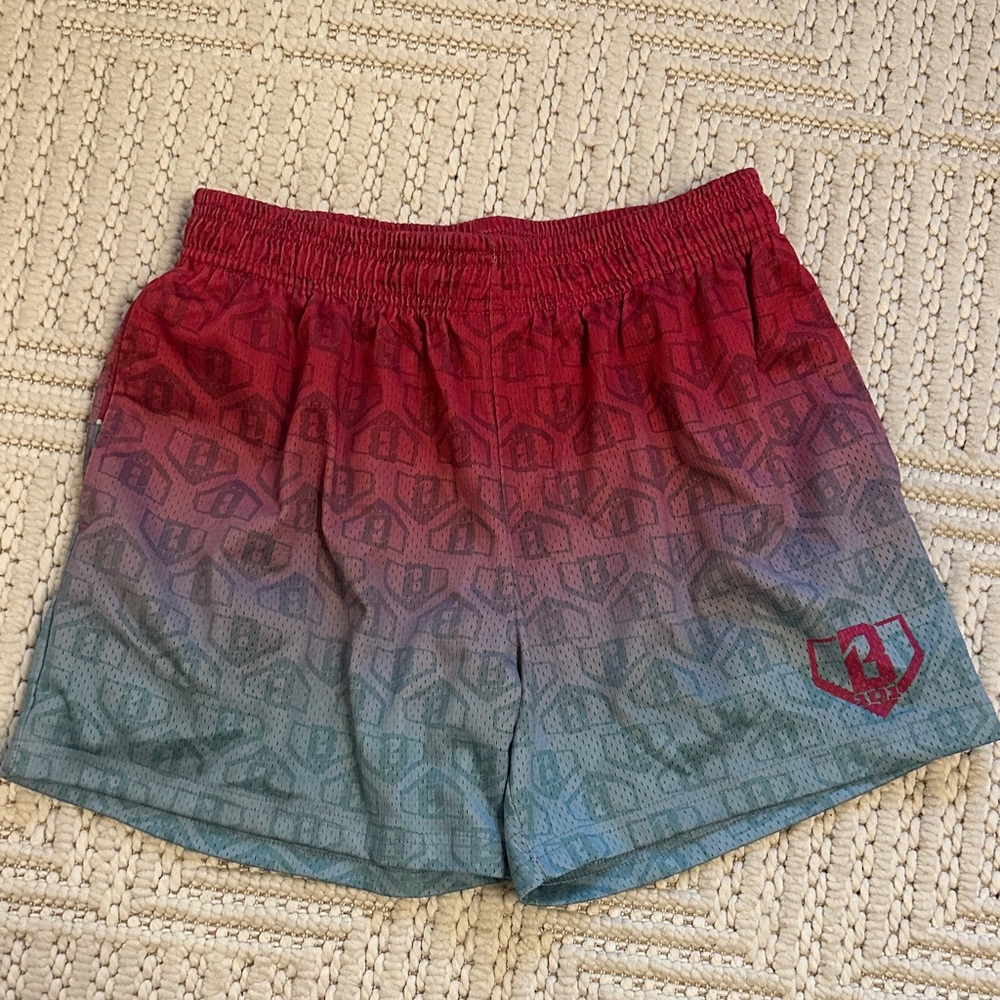 Gradient pink and blue baseball lifestyle basketball above the knee shorts